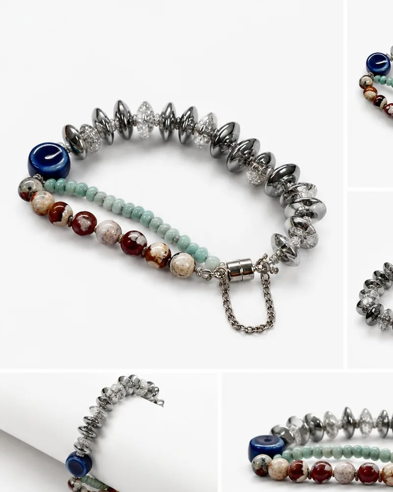 Luna — Hematita, cristal, amazonita, jaspe y cerámica, joyería artesanal Meissen Mia
